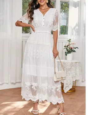 Solid Color V Neck Semi-Sheer Lace Short Sleeves Cut Out High Waist Maxi Boho Dress