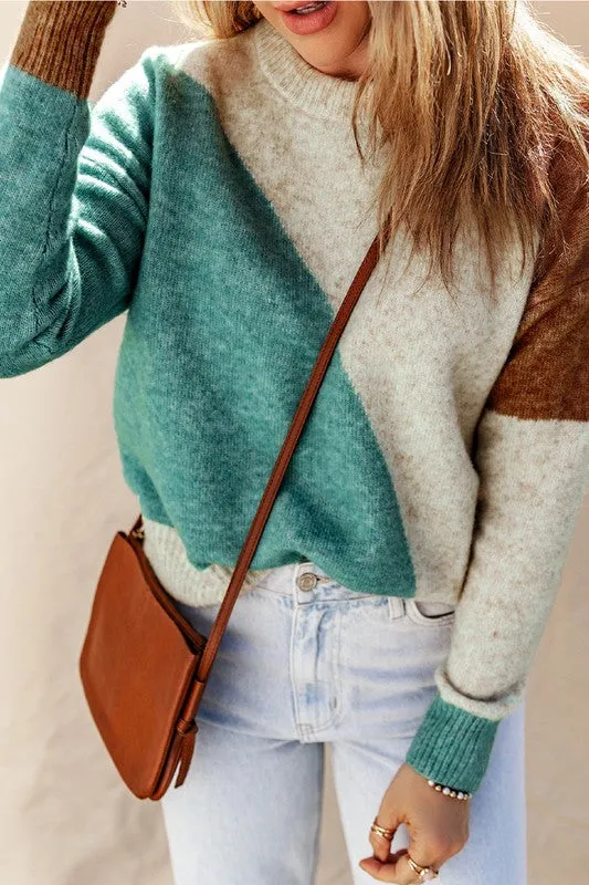 Teal & Rust Colorblock Round Neck Sweater