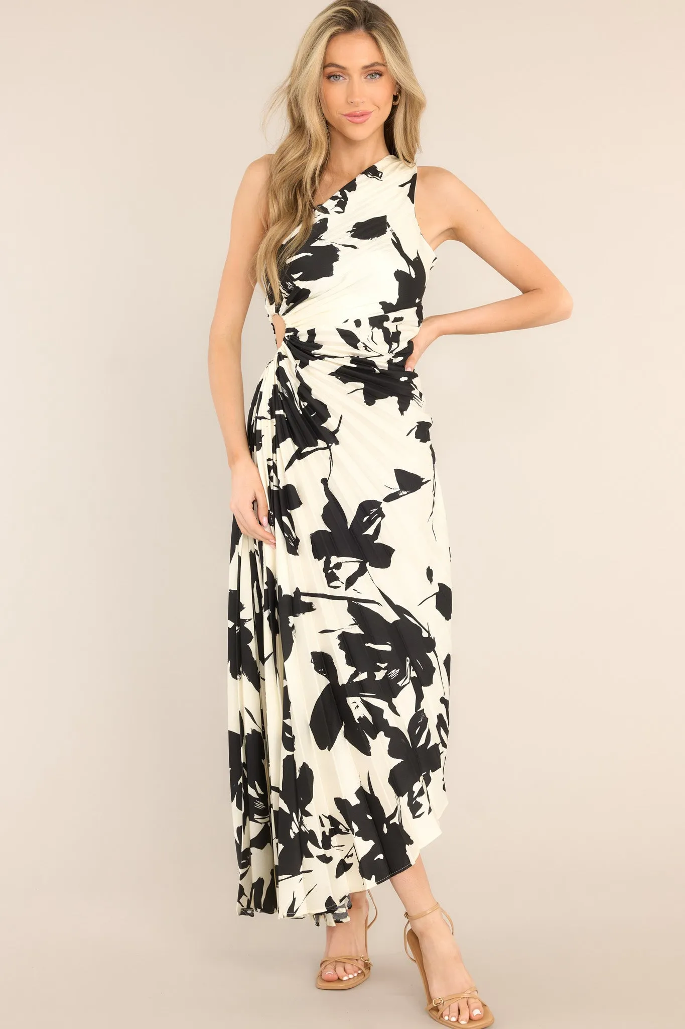 Timeless Ivory and Black Print Pleated Maxi Dress