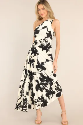 Timeless Ivory and Black Print Pleated Maxi Dress