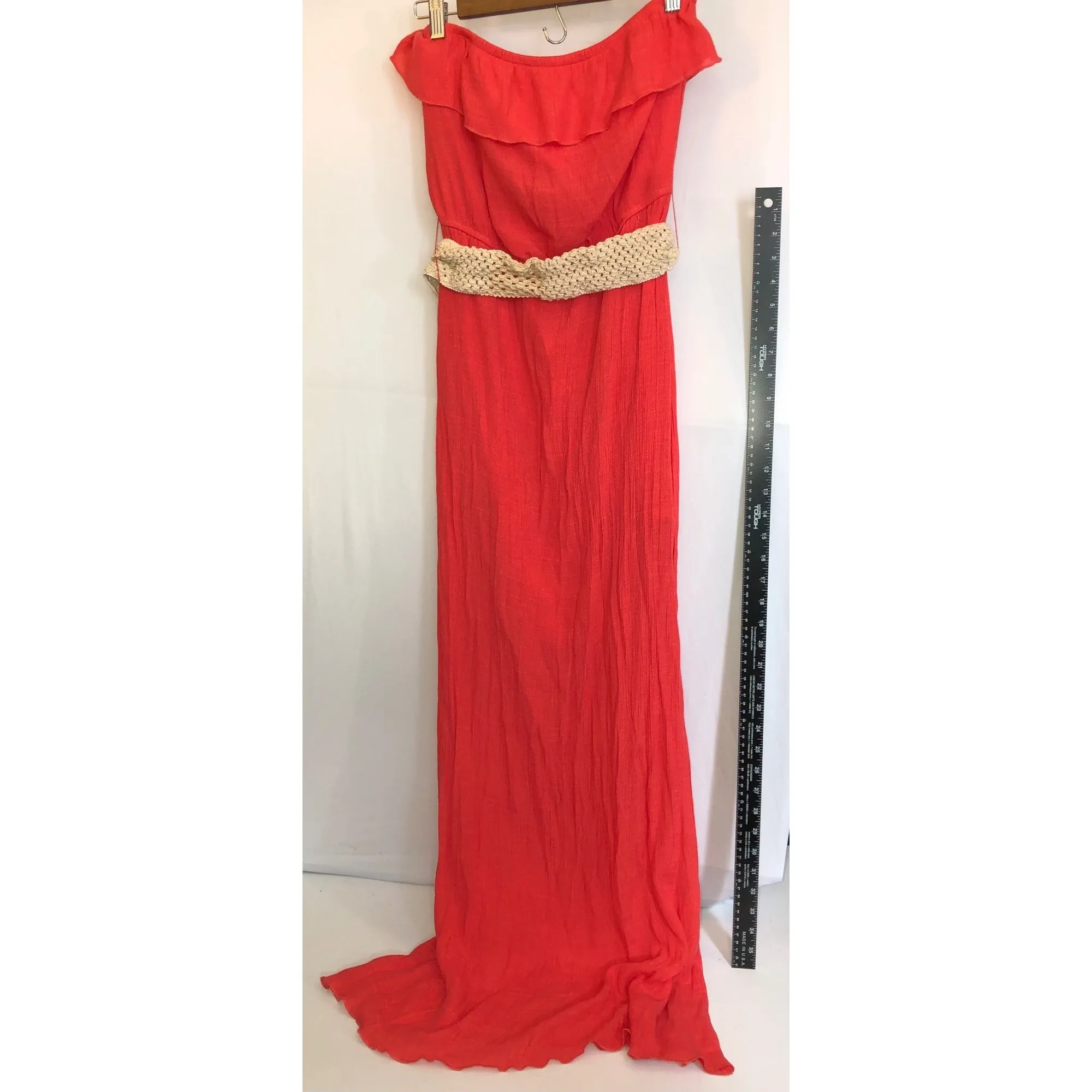 Trixxi Women's Coral(pink-orange) Strapless Tube Maxi Dress With Knitted Belt Size L-Pre-Owned