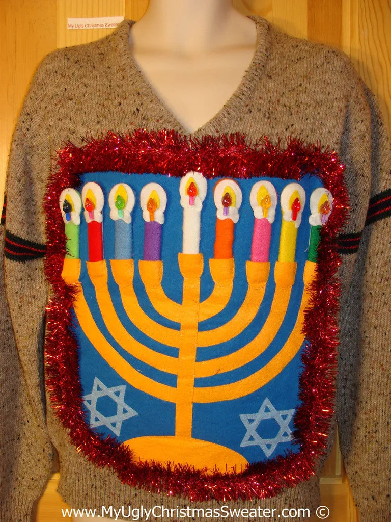 Ugly Christmas Sweater Party Hanukkah Sweater Mens with Menorah (j228)