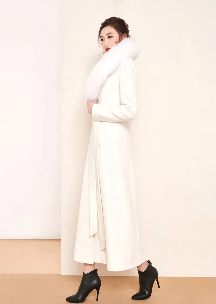 White Fox Fur Collar Single Breasted Belted Wool Blend Long Coat