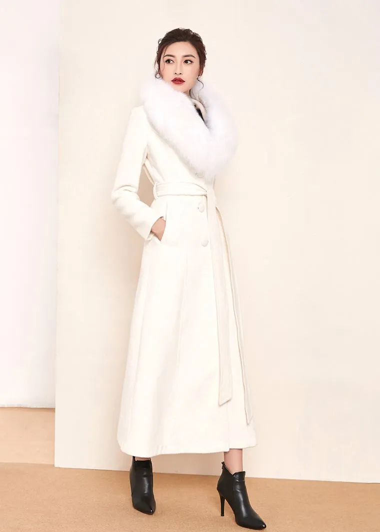 White Fox Fur Collar Single Breasted Belted Wool Blend Long Coat