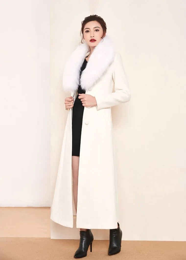 White Fox Fur Collar Single Breasted Belted Wool Blend Long Coat