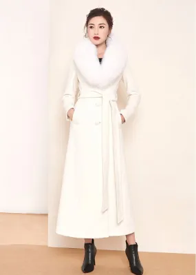 White Fox Fur Collar Single Breasted Belted Wool Blend Long Coat