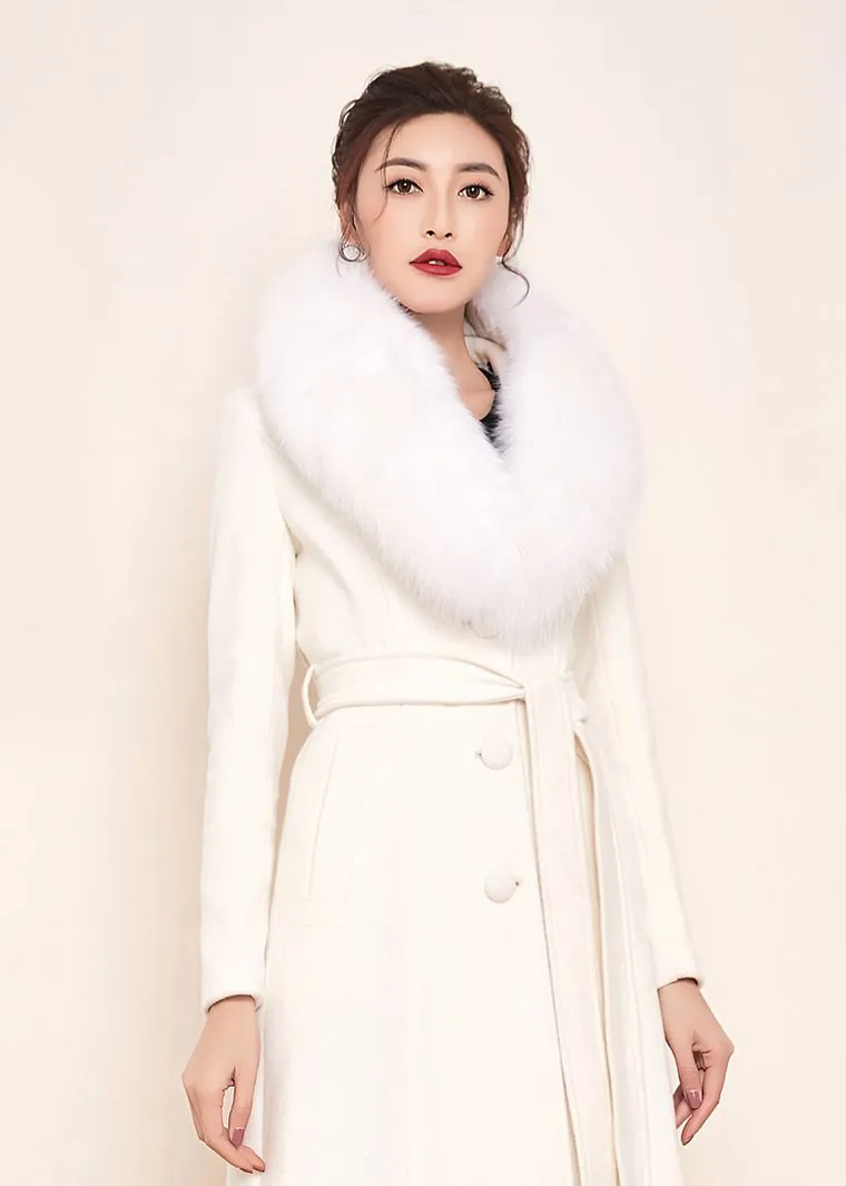 White Fox Fur Collar Single Breasted Belted Wool Blend Long Coat