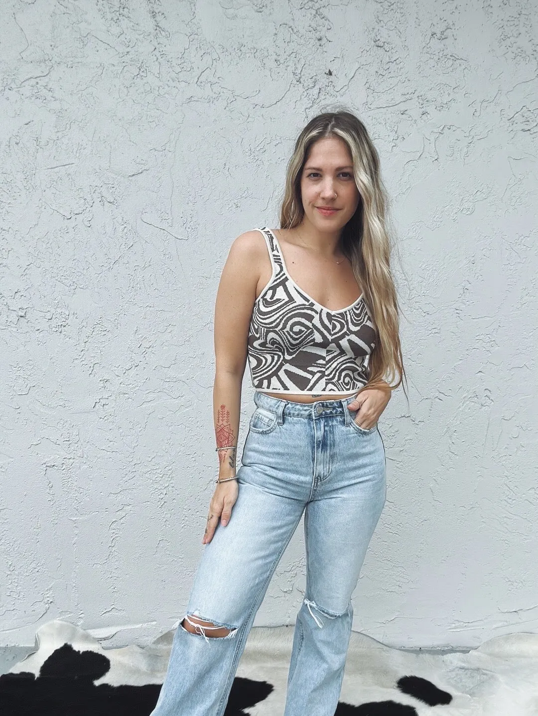 White Russian Retro Swirl Print Knit Crop Top