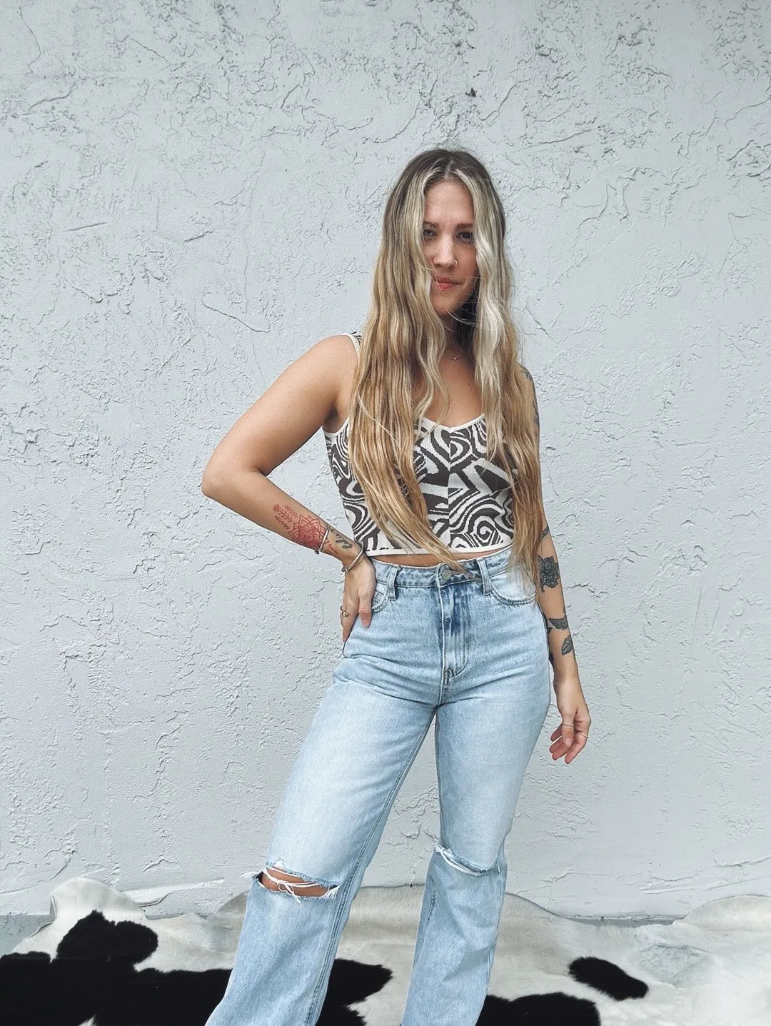 White Russian Retro Swirl Print Knit Crop Top