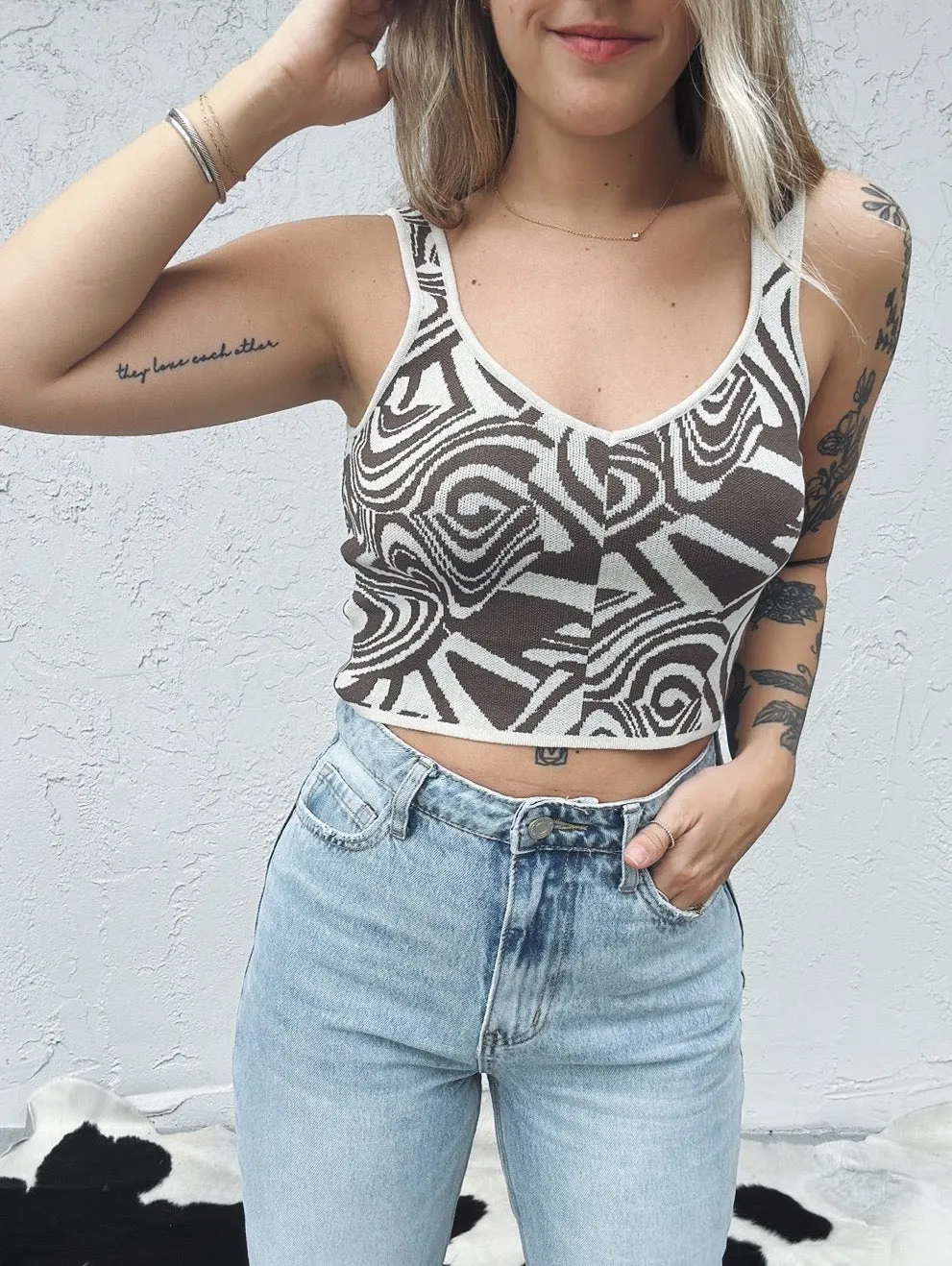 White Russian Retro Swirl Print Knit Crop Top