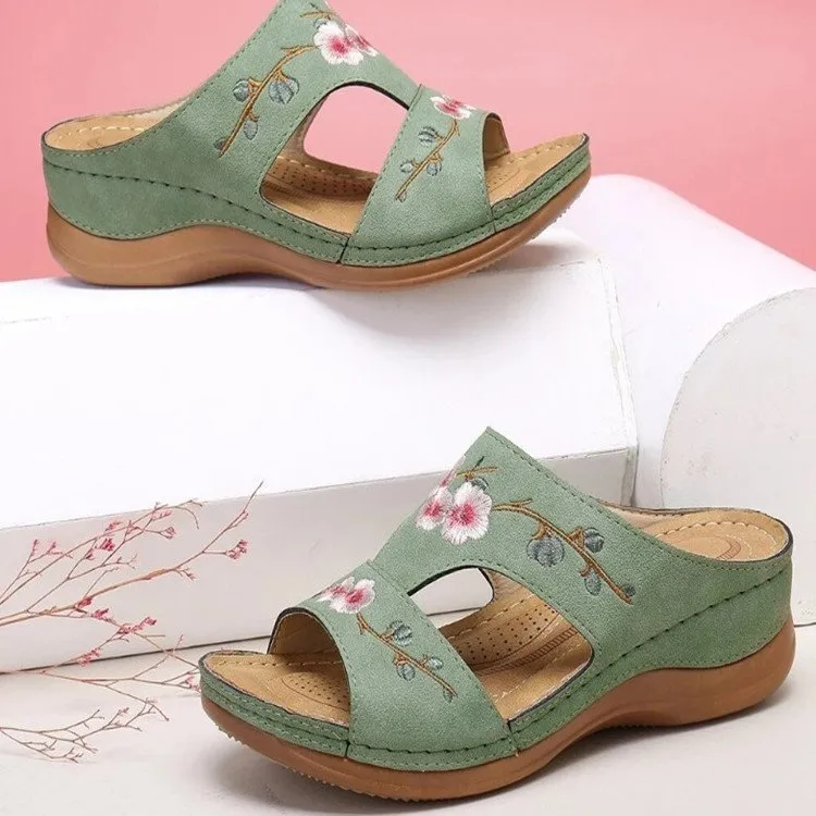 Women embroidered flower peep toe hollow slide wedge slides summer slippers