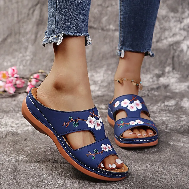 Women embroidered flower peep toe hollow slide wedge slides summer slippers