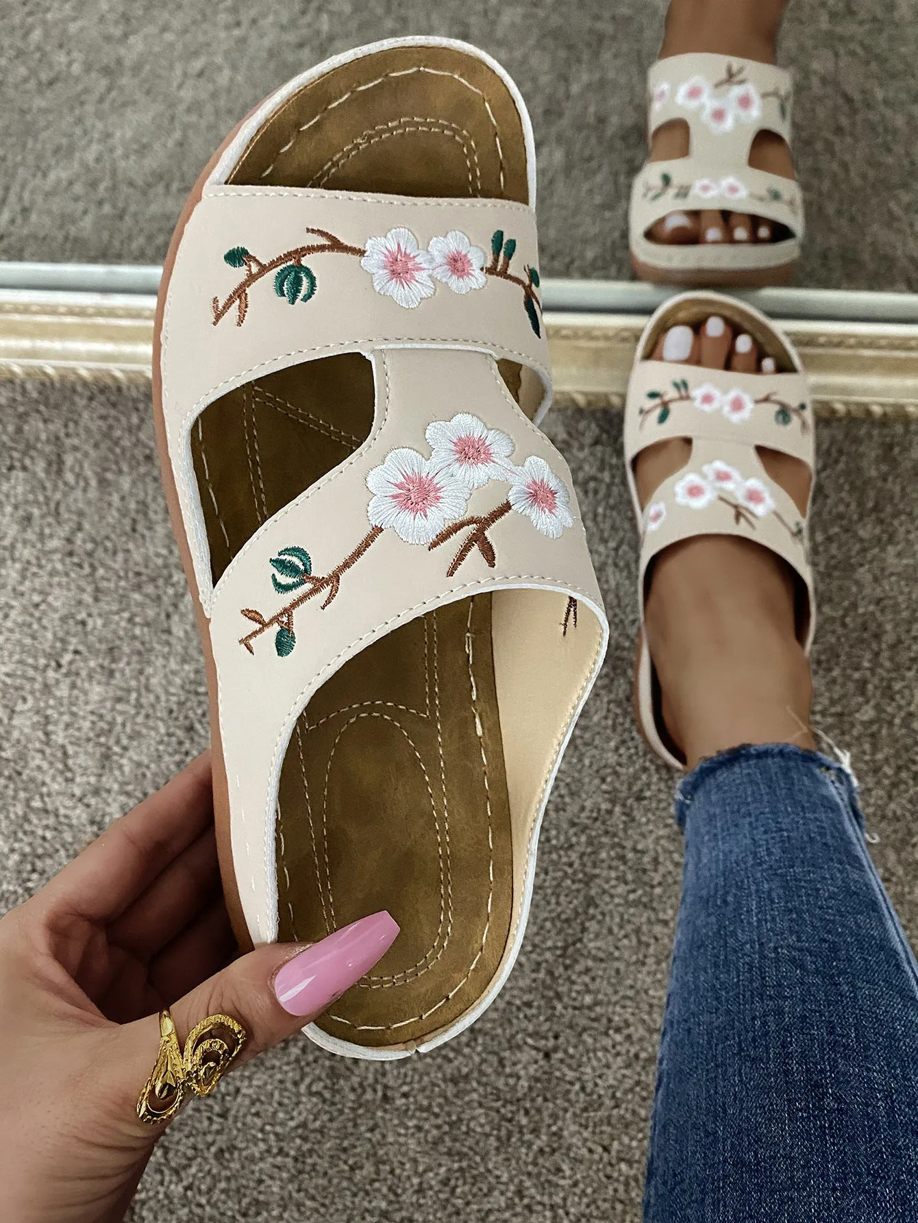 Women embroidered flower peep toe hollow slide wedge slides summer slippers