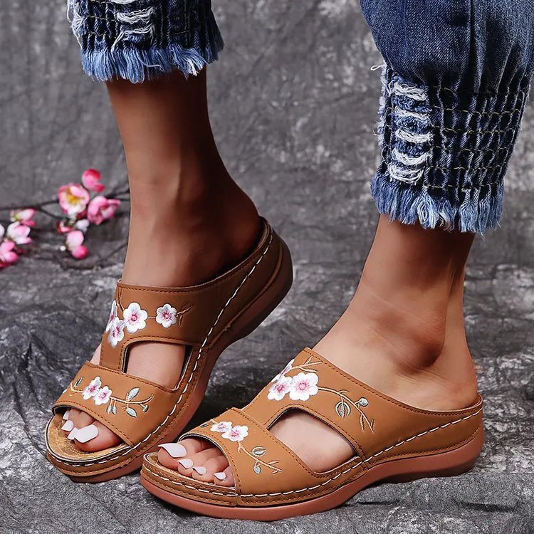 Women embroidered flower peep toe hollow slide wedge slides summer slippers