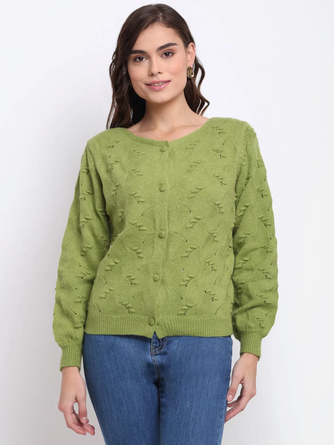 Women Green Round Neck Solid Knitted Regular Fit Cardigan