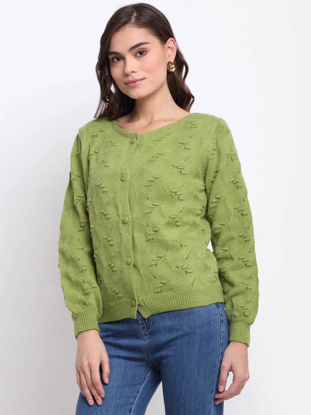 Women Green Round Neck Solid Knitted Regular Fit Cardigan