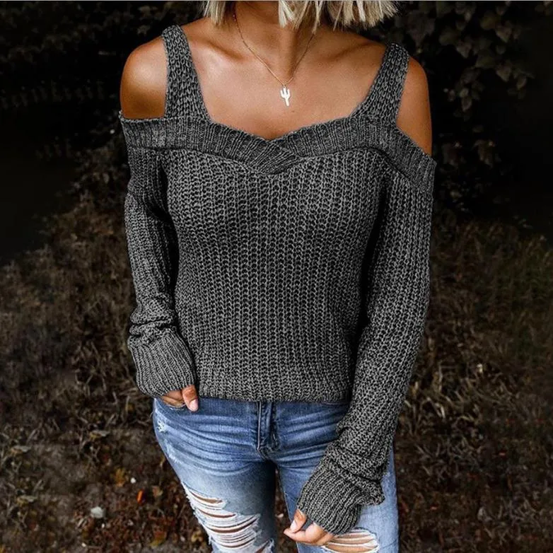 Women knit straps long sleeve off shoulder sweater