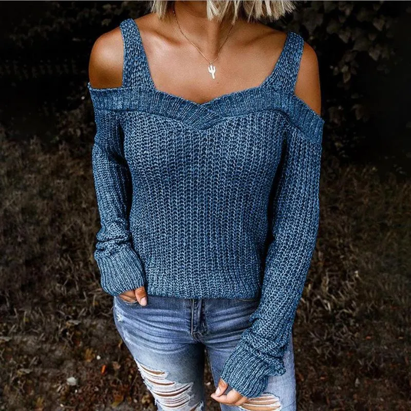 Women knit straps long sleeve off shoulder sweater