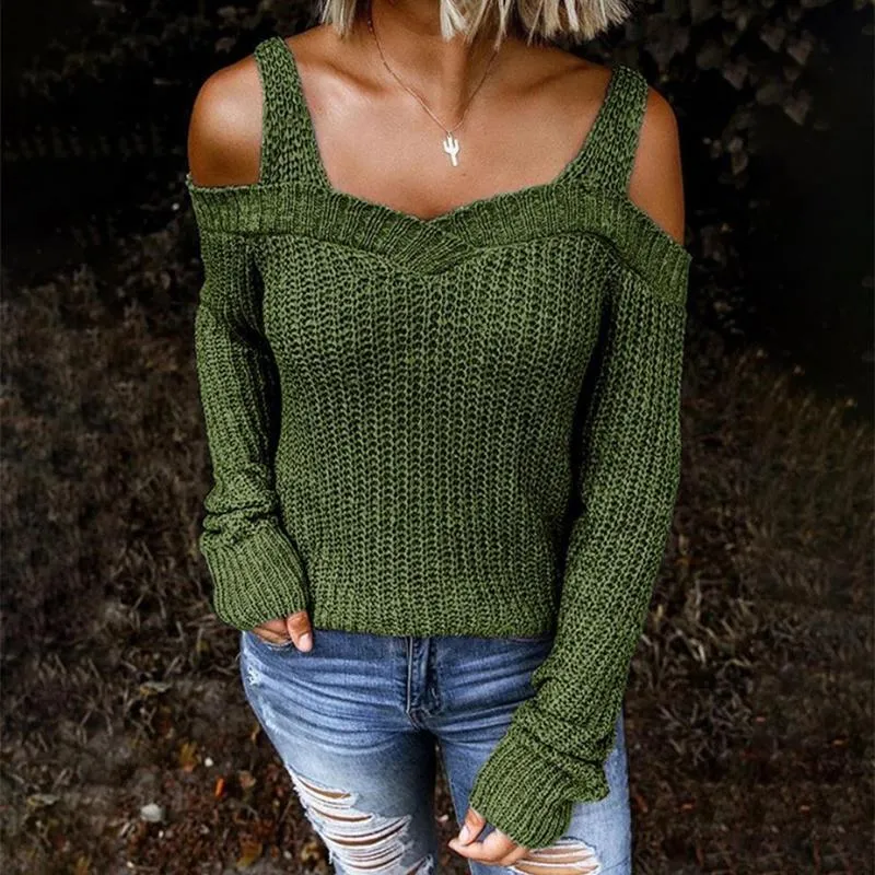 Women knit straps long sleeve off shoulder sweater