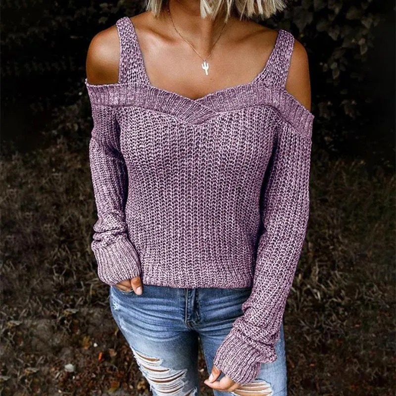 Women knit straps long sleeve off shoulder sweater