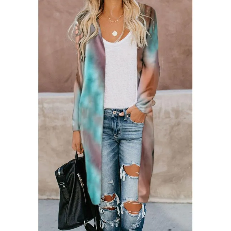 Women printed v neck long sleeve knitted long cardigan