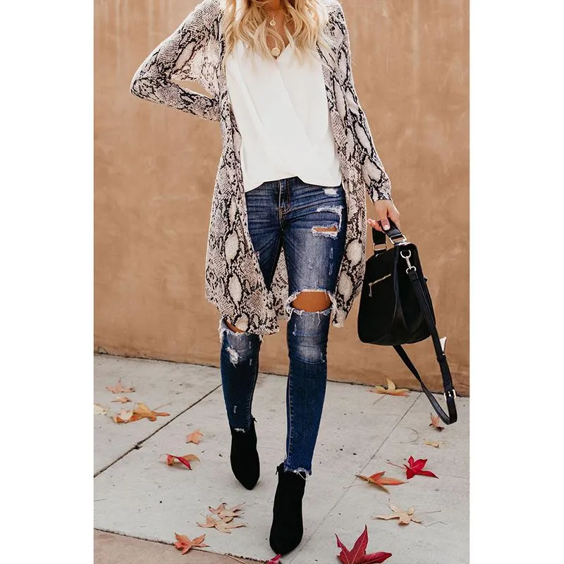 Women printed v neck long sleeve knitted long cardigan