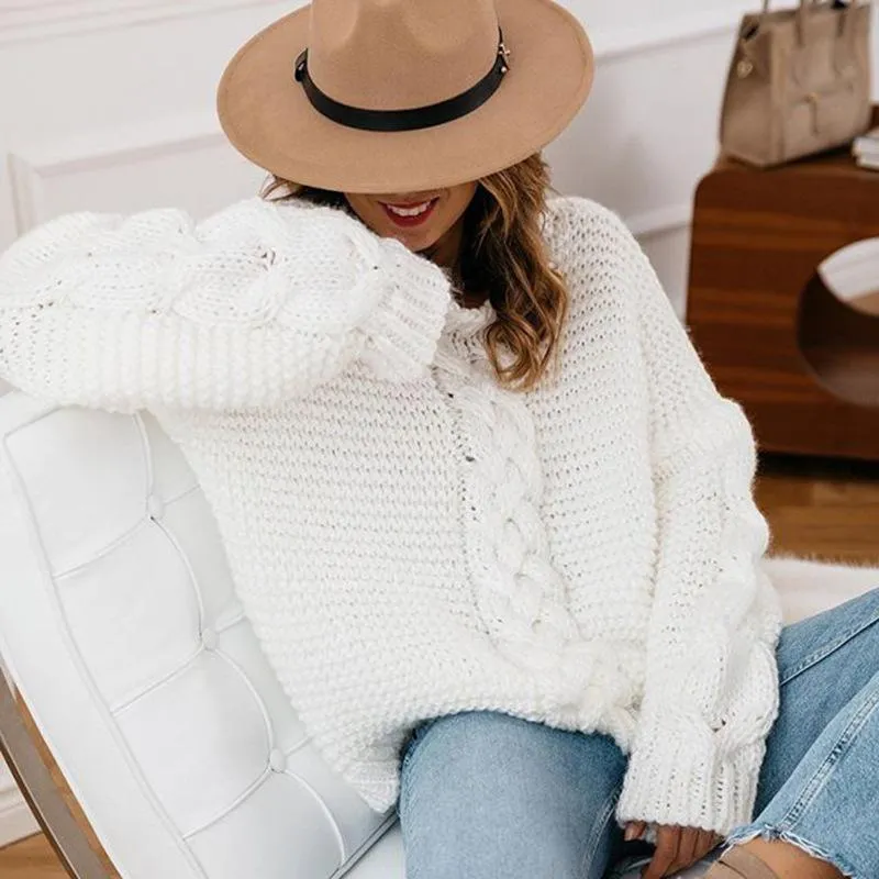 Women pullover v neck long sleeve cable knit sweater