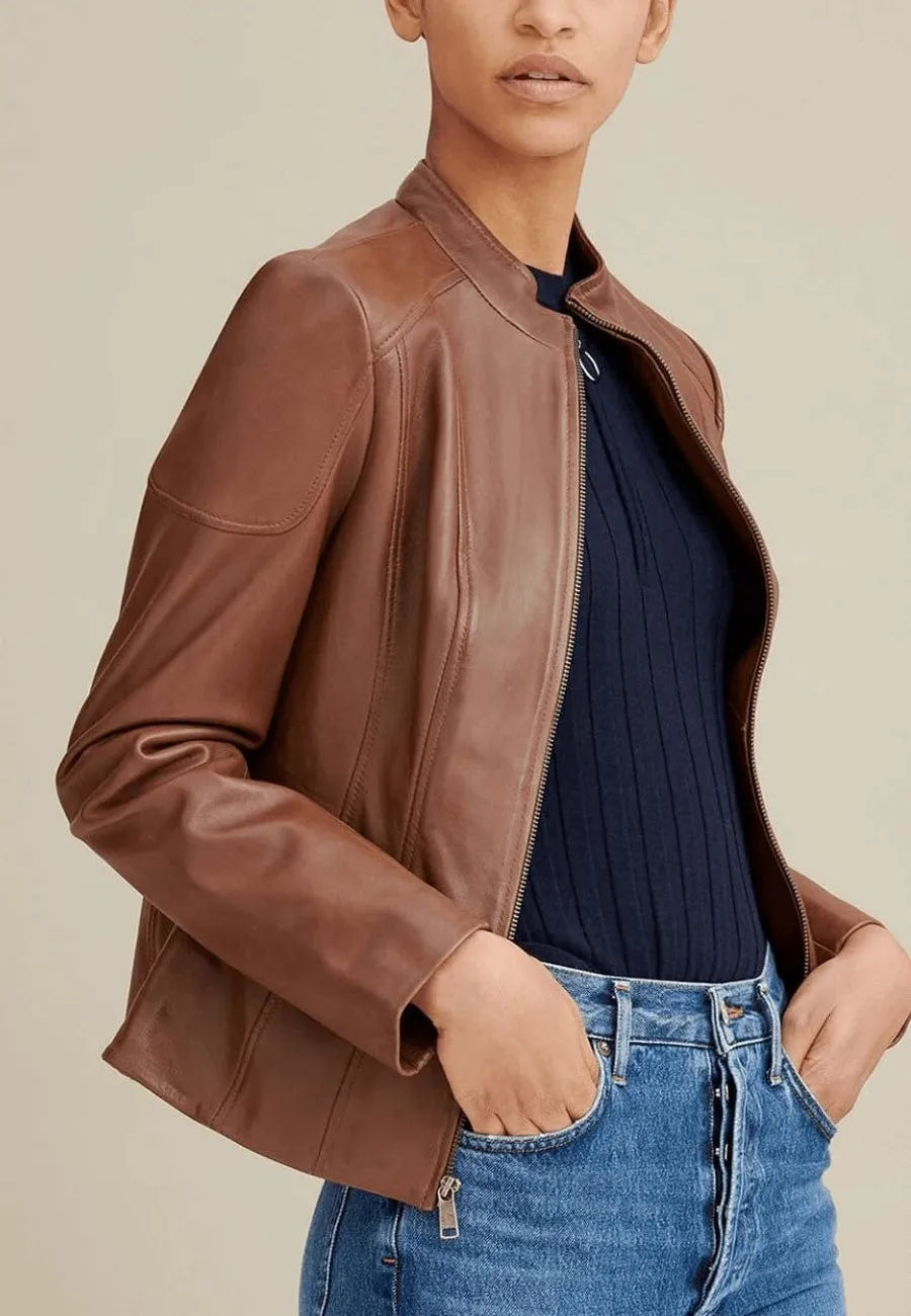 Women's Brown Leather Biker Jacket Crew Neck