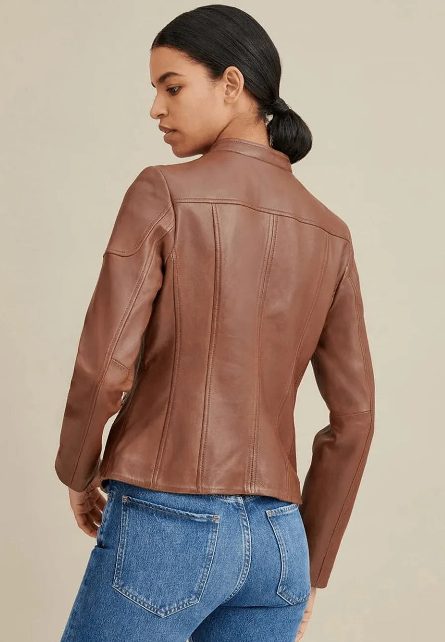 Women's Brown Leather Biker Jacket Crew Neck