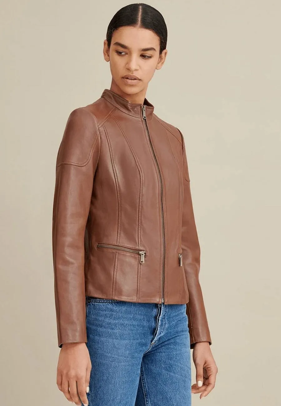 Women's Brown Leather Biker Jacket Crew Neck