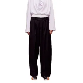 Wool Double Waistband Paneled Trousers in Black