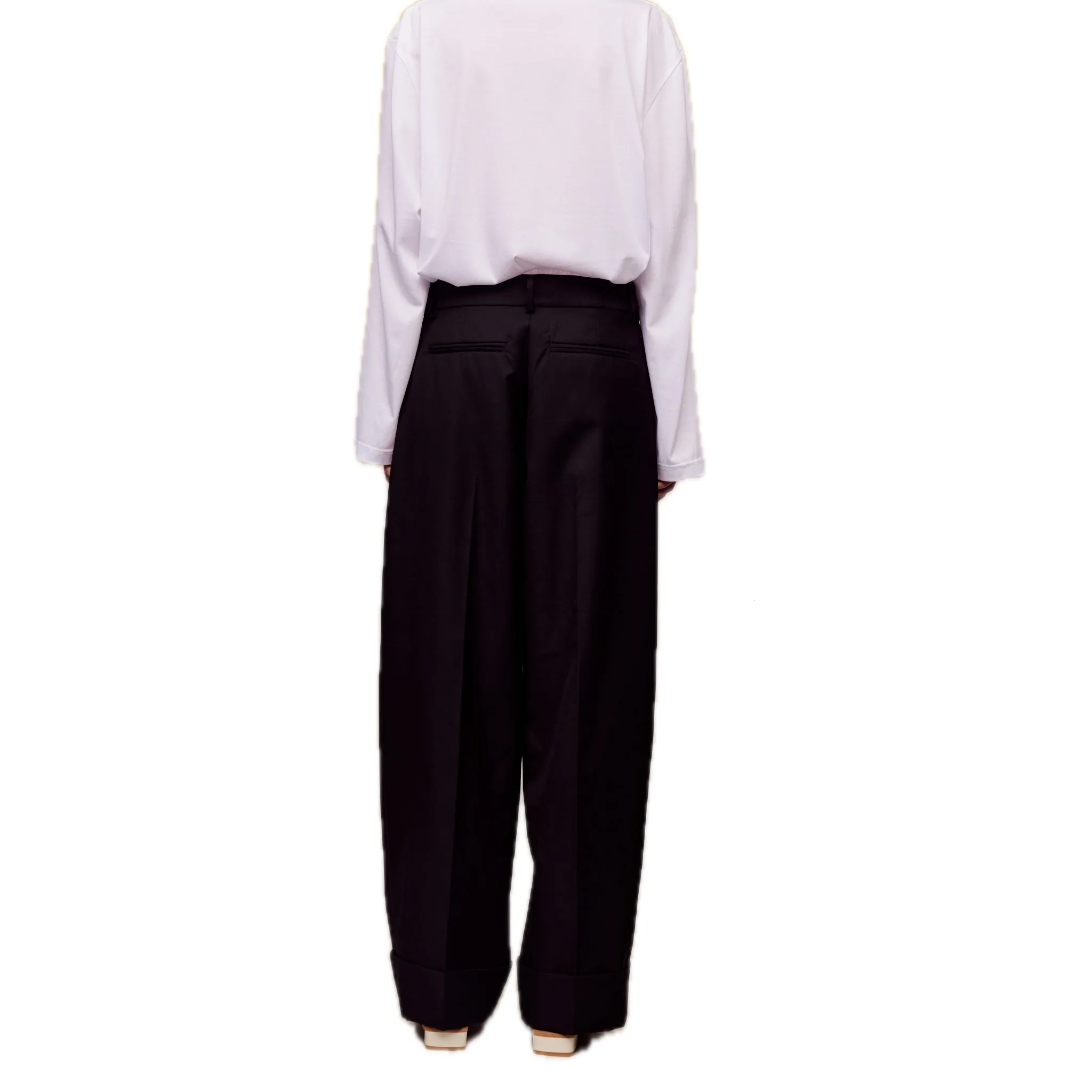 Wool Double Waistband Paneled Trousers in Black