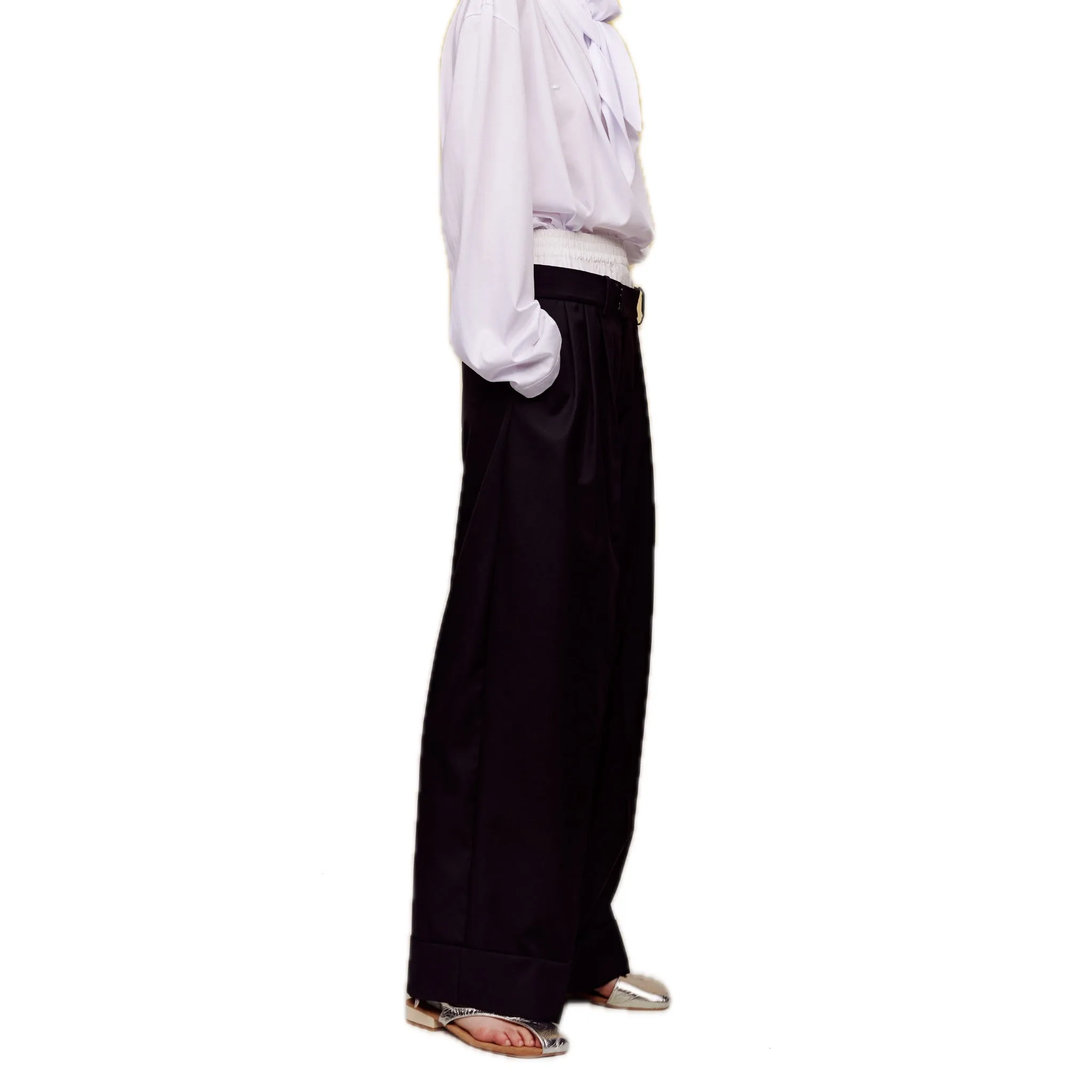 Wool Double Waistband Paneled Trousers in Black